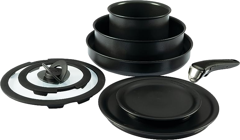 T-fal Ingenio Nonstick Cookware Set 8 Piece Induction Stackable, Detachable Handle, Removable Handle, RV Cookware, Cookware, Pots and Pans, Oven, Broil, Dishwasher Safe, Black