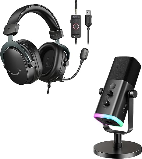 FIFINE XLR/USB Dynamic Podcast Recording Microphone and Gaming Headset,PC Computer Streaming Mic with RGB Light,USB Headset with 3.5mm Headphones Jack,7.1 Surround Sound for PS4 PS5（AM8 H9