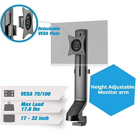 AVLT-Power Premium Single Monitor Mount Arm Stand for Standing Desk, Workstation, Thin Table - Extra Height Adjustment - Heavy Duty Holds 17" to 32" Screens, up to 17.6 lbs, VESA 75x75mm 100x100