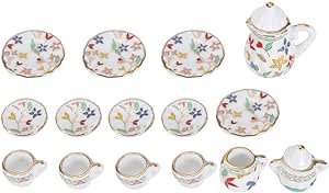 Tea Set, 15pcs 1:12 Miniature Porcelain Flower Tea Cup Tiny Teapot Platter Dishes Dollhouse Kitchen Accessories for Toy House Decoration (#3)