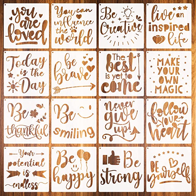 16 Pieces Inspirational Word Stencil Kit Motivational Stencils Inspirational Word Reusable Mylar Template Stencils with Open Ring for Painting on Wood Wall Home Decor (6.3 x 6.3 Inches)