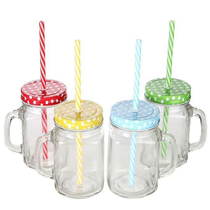 Lily's Home Mason Jar Mugs with Handle, With Polka Dots Lid and Matching Plastic Straws. 16 Oz. Each. Old Fashion Drinking Glasses - Pack of 4.