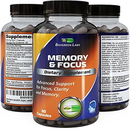 Natural Mind and Memory Supplement - Increases Mental Performance & Clarity - Supports Brain Function - Made with Pure Ginkgo Biloba & St. John's Wort - 30 Capsules - Biogreen Labs by Biogreen Labs