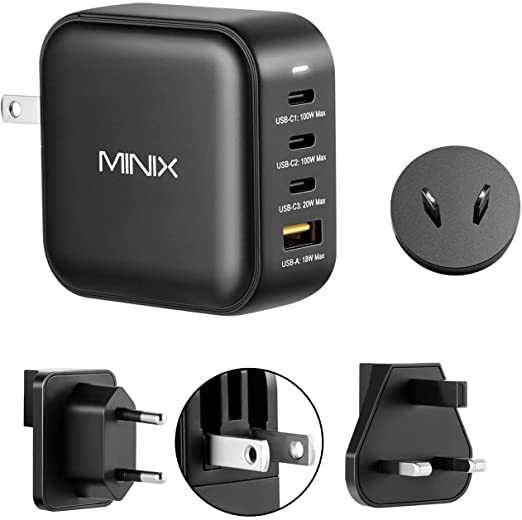 MINIX NEO P3 100W 4-Ports GaN Wall Charger, 3 x USB-C Port Fast Charging Adapter(Max 100W/20W), 1 USB-A (Max 18W).with US/AU/EU/UK Plug, Compatible with MacBook Pro Air, iPhone Galaxy S9 and More.