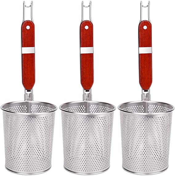 Lawei 3 Packs Mesh Pasta Basket with Wooden Handle Stainless Steel Mesh Spider Strainer for Pasta, Noodles, Dumpling