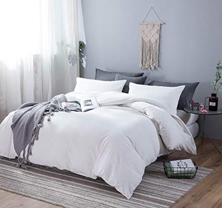 Sleepbella Duvet Cover Set, 3 Pieces Washed Cotton Comforter Quilt Cover (Off-White, Queen)