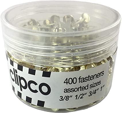 Clipco Paper Fasteners Jar Assorted Sizes Mini Small Medium and Large Brass-Plated and Washers (400-Pack)