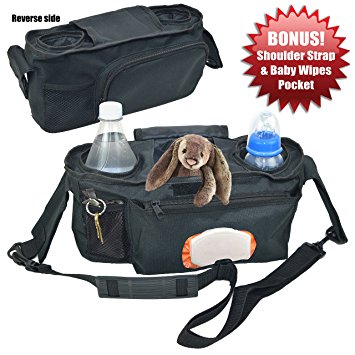 Universal Stroller Organizer with Easy Access to Wipes - Perfectly Sized Zipper Pockets & Insulated Cup Holders - Jogging Bag Accessories for Moms by Angel Baby