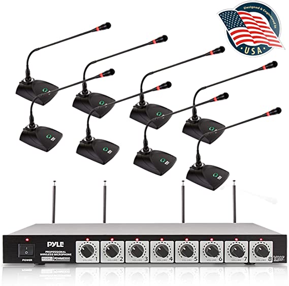 8 Channel Conference Microphone System - UHF Desktop, Table Meeting Wireless Microphones & Receiver w/ 8 Gooseneck Mics, Rack Mountable & LED Audio Signal Indicator Lights - Pyle PDWM8880