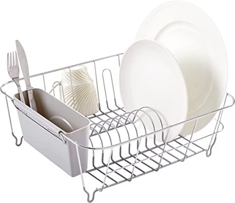 Sweet Home Collection 2 Piece Dish Drying Rack Set Drainer with Utensil Holder Simple Easy to Use Fits in Most Sinks, 14.5" x 13" x 5.25", Silver