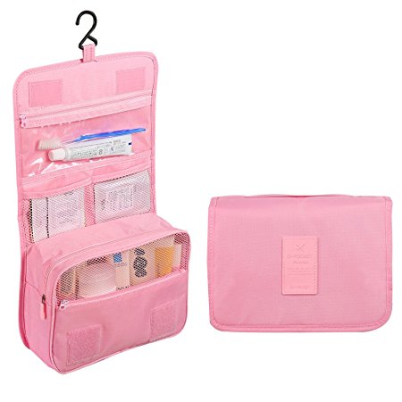 Sudion Cosmetic Bag, Portable Travel Hanging Toiletry Bag for Men Shaving Kit & Women Make Up Bag Organizer with compartments - Pink