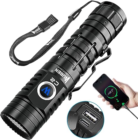 WUBEN C2 Rechargeable LED Flashlights 2000 High Lumens, Pocket Flashlight with Power Bank, 7 Modes Flash Light, IP68 Waterproof for Emergencies, Outdoor
