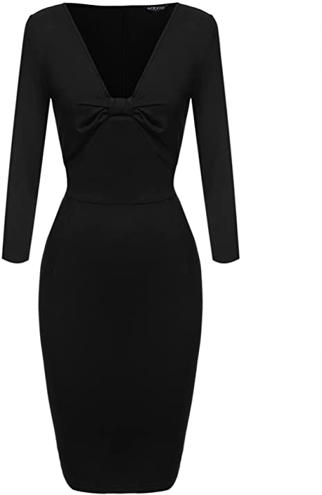 ACEVOG Women 3/4 Sleeve V-Neck Pencil Dress Bow Package Hip Slim Party Midi Knee Dress