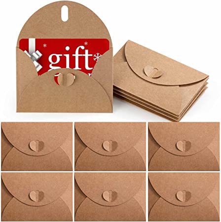 Primbeeks 100 Pcs Premium Gift Card Envelopes, 4 x 2.8 inch Gift Card Holders, Mini Seed Envelopes, Kraft Paper Envelopes, Cute Envelopes with Heart Clasp for Gift Cards, Weddings Favors, Party Favors