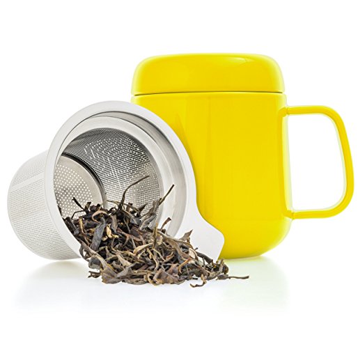 Tealyra - Sumo Ceramic Yellow Tea Cup Infuser - 13.5-ounce - Small Mug with Lid and Stainless Steel Filter For Loose Leaf Tea - Tea-For-One - 400 ml