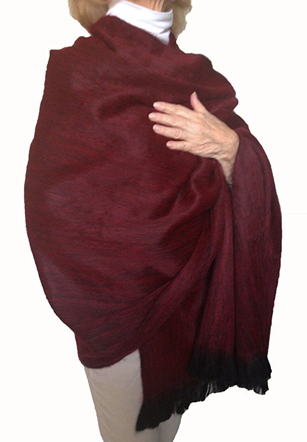 Super Soft Baby Alpaca Wool Reversible Shawl Wrap Cape Deep Dark Red Color