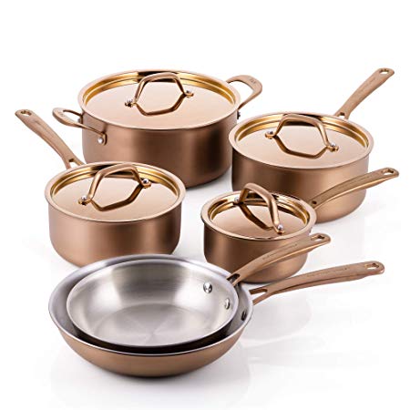 Fleischer & Wolf Induction Cookware Set 10pcs Triply Stainless Steel Aluminum Fry Pots Pan Dishwasher Safe (Copper)