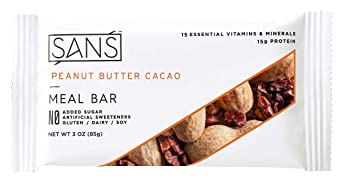 SANS Meal Replacement Protein Bar | All-Natural Nutrition Bar With No Added Sugar | Dairy-Free, Soy-Free, and Gluten-Free | 15 Essential Vitamins and Minerals (Peanut Butter Cacao, 12 Pack)