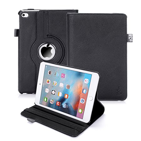 RC iPad mini 4 Case, Smart Case 360 Degree Rotating iPad mini 4 PU Leather Smart Stand Cover Auto Sleep / Wake Feature for New Apple iPad mini 4 (Black)