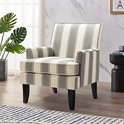 HULALA HOME Modern Accent Chair with Arms and Wooden Legs, Mid Century Accent Chair Armchair High Back Rest, Padded Armrest and Comfortable Cushioned Seat for Living Room (Stripe Grey)