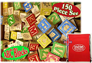 150 Piece ABC Stack N' Build Wood Alphabet Blocks Bulk Classroom Set with Exclusive "Matty's Toy Stop" Storage Bag