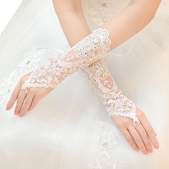 Valdler Bridal Lace Rhinestone Fingerless Gloves for Wedding Party Prom White