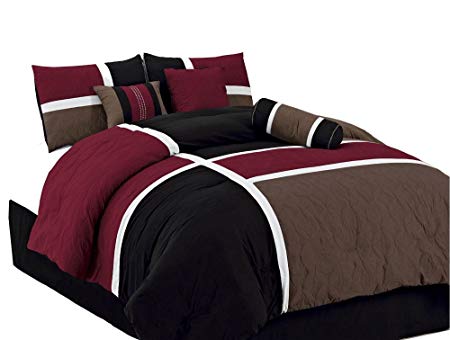 Chezmoi Collection 7-Piece Quilted Patchwork Comforter Set, Burgundy/Brown/Black, King