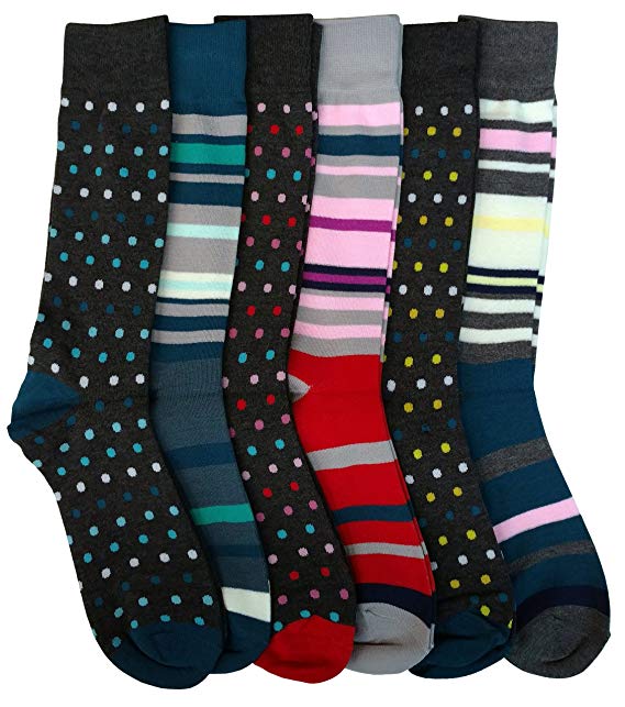 6 Pairs of Mens Patterned Colorful Dress Socks, Fashion Dress Socks, Striped Patterns