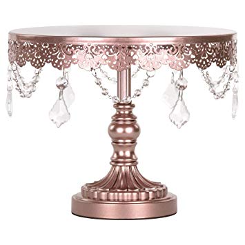 "Sophia Collection" Metal 10" Rose Gold Cake Stand with Crystal Beads and Dangles, 10" Diameter Plate (Rose Gold)