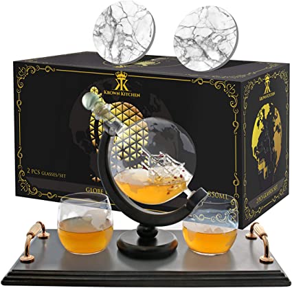 KROWN KITCHEN - Globe Whiskey Decanter Set. Includes Whiskey glasses, coasters, and wood base. Perfect Dad Gifts. For bourbon, scotch, liquor, etc