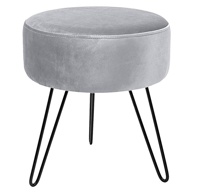 Sorbus Velvet Footrest Stool, Round Mid-Century Modern Luxe Velvet Ottoman, Footstool Side Table, Removable Metal Leg Design (Gray)