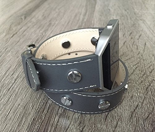 Double Wrap Grey Vegan Leather Bracelet For Fitbit Blaze Smart Fitness Watch Handmade Adjustable Size Wristband Strap Fitbit Blaze Band With Silver Metal Frame And Jewelry Rivets