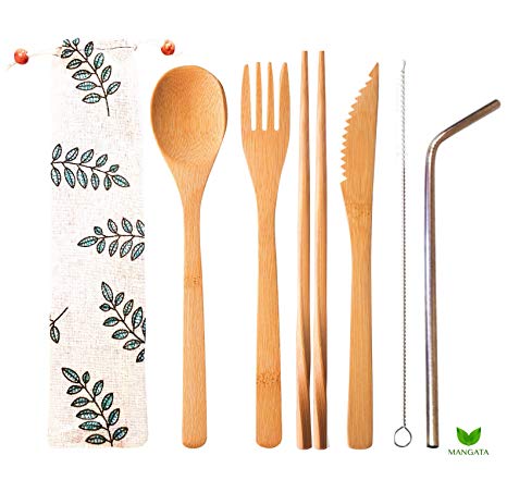 Bamboo Cutlery Set – Reusable Bamboo Utensils Flatware Set – Travel Utensil Kit Includes Fork, Spoon, Knife, 2 Chopsticks, Metal Straw, Straw Brush Cleaner and Travel Case – 8 Piece Kit – by Mangata