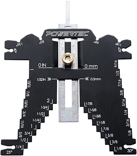 POWERTEC 80023 Universal 5-in-1 Measuring Gauge Woodworking Tool - Drill Point, Chisel Angle, Height, Bit and Depth Gauge for Table Saw Router