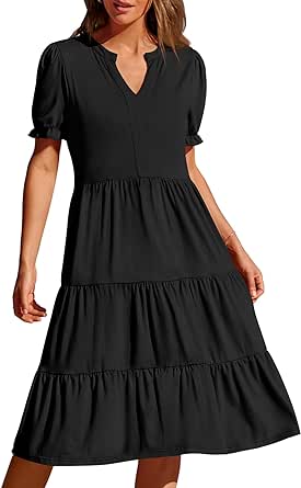 MEROKEETY Women's 2024 Summer Short Puff Sleeve Midi Dress Casual V Neck High Waist Tiered Swing A Line Dresses