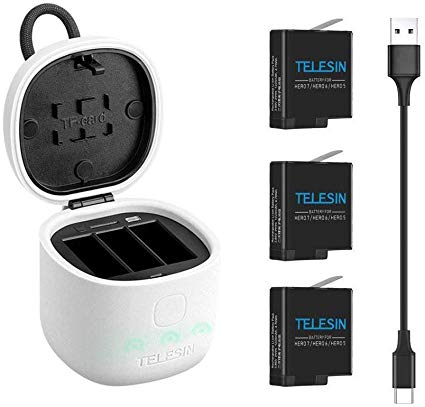 TELESIN Allin Box Battery Charger with High Speed USB 3.0 SD Card Reader Function, Waterproof Storage Carry Case for GoPro Hero 8 Hero 7 Black Hero 6 Hero 5 Black Batteries (1 Charger   3 Batteries)