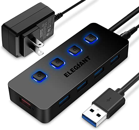 ELEGIANT 4 Port USB Hub, 4-Port USB 3.0 Hub and 1 USB Smart Charging Port, Powered USB Hub with Individual On/Off Switches USB Splitter with Power Adapter Supports Desktop Laptop Tablet MacBook iPad