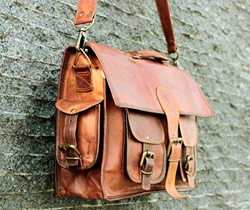 SKH 15" Vintage Leather Messenger Soft Leather Briefcase Satchel Leather Laptop Messenger Bag for Men and Women