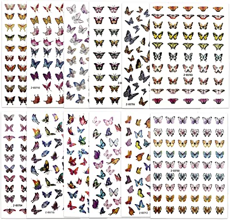 IHUKEIT 12 Large Sheets of Laser Colors Butterfly Nail Art Stickers Decals for Acrylic Nails Decoration - 3D Self-Adhesive Butterfly Nail Stickers for Nail Tips DIY Nail Art Designs for Women