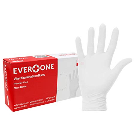EverOne Vinyl Exam Gloves Powder-Free, Clear, Small, Case of 10 Packs of 100 Gloves, 1000 Count