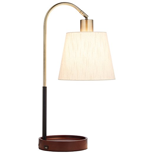 Rivet Franklin Shelf and USB Charging Station Table Lamp, 21"H, With Bulb, Brass, Black Metal and Wood