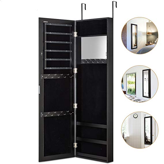 HERRON Jewelry Armoire with Mirror Door or Wall Mounted Jewelry Cabinet Organizer for Women,Black