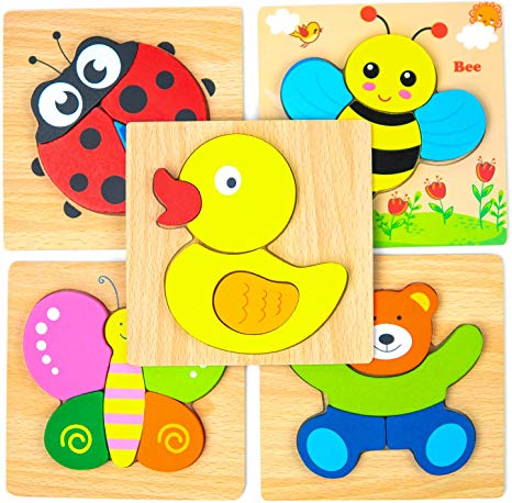 BHAPPY Wooden Jigsaw Puzzles for Toddlers Kids 1 2 3 Years Old Educational Toys Gift for Boys and Girls, 5 Packs Bright Vibrant Color Shapes Animal Car Vehicles Drawstring Animal Bag for Easy Storage