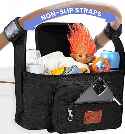 PILLANI Universal Stroller Organizer - Stroller Caddy w/ Insulated Cup Holder & Detachable Phone Bag, Fits Strollers like Doona, Uppababy, Nuna, Baby Jogger, Bob, Umbrella & Pet Strollers Accessories