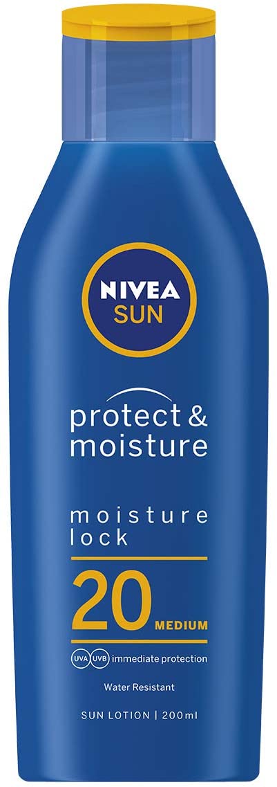 NIVEA SUN Protect & Moisture Sun Lotion SPF20 (200ml), Moisturising Suncream with SPF20, Advanced Sunscreen Protection, Reduces Risk of Sun Allergies