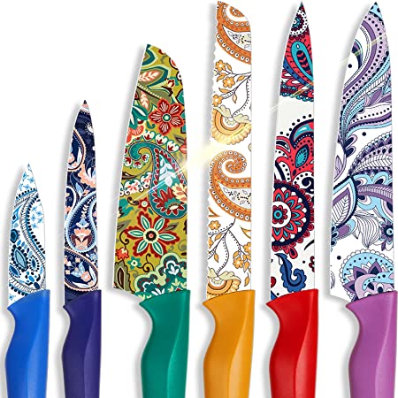 Knife Set, Paisley Pattern Kitchen Knife Set with Cover, Dishwasher Safe Colorful Knives with 6 Knife Sheath, Astercook German Stainless Steel Rainbow Knife Set