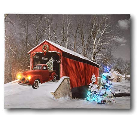 BANBERRY DESIGNS Red Truck Canvas Print - Christmas Canvas Print with LED and Fiber Optic Lights - Winter Scene Wall Art