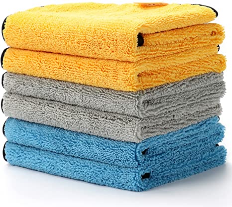 AstroAI Microfiber Cleaning Cloth, Microfiber Towels for Cars, Versatile Clothes with Dual Side, for Car and Interior Cleaning,6pack, Yellow/Blue/Grey, 16Inch x 16Inch