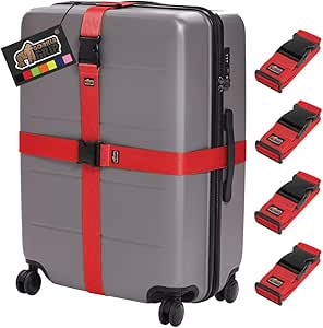 Gorilla Grip Heavy Duty 4 Pack Adjustable Luggage Straps for Suitcases, Easy to Identify Travel Belt Connector Holds Suitcase Together, Extends Life of Bag, Strap Connects Two Bags, Accessories Red