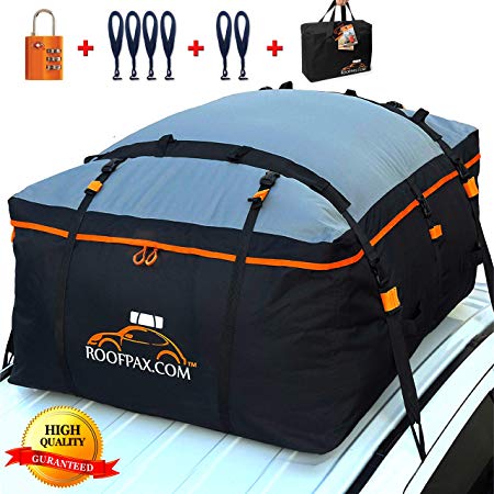 RoofPax Car Roof Bag & Rooftop Cargo Carrier - 19 Cubic Feet Heavy Duty Bag, 100% Waterproof Excellent Military Quality Roof-Top Car Bag - Fits All Cars with/Without Rack - 4 Door Hooks Included